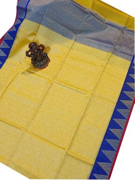 Mustard yellow and Blue kora silk saree with kuppatam border